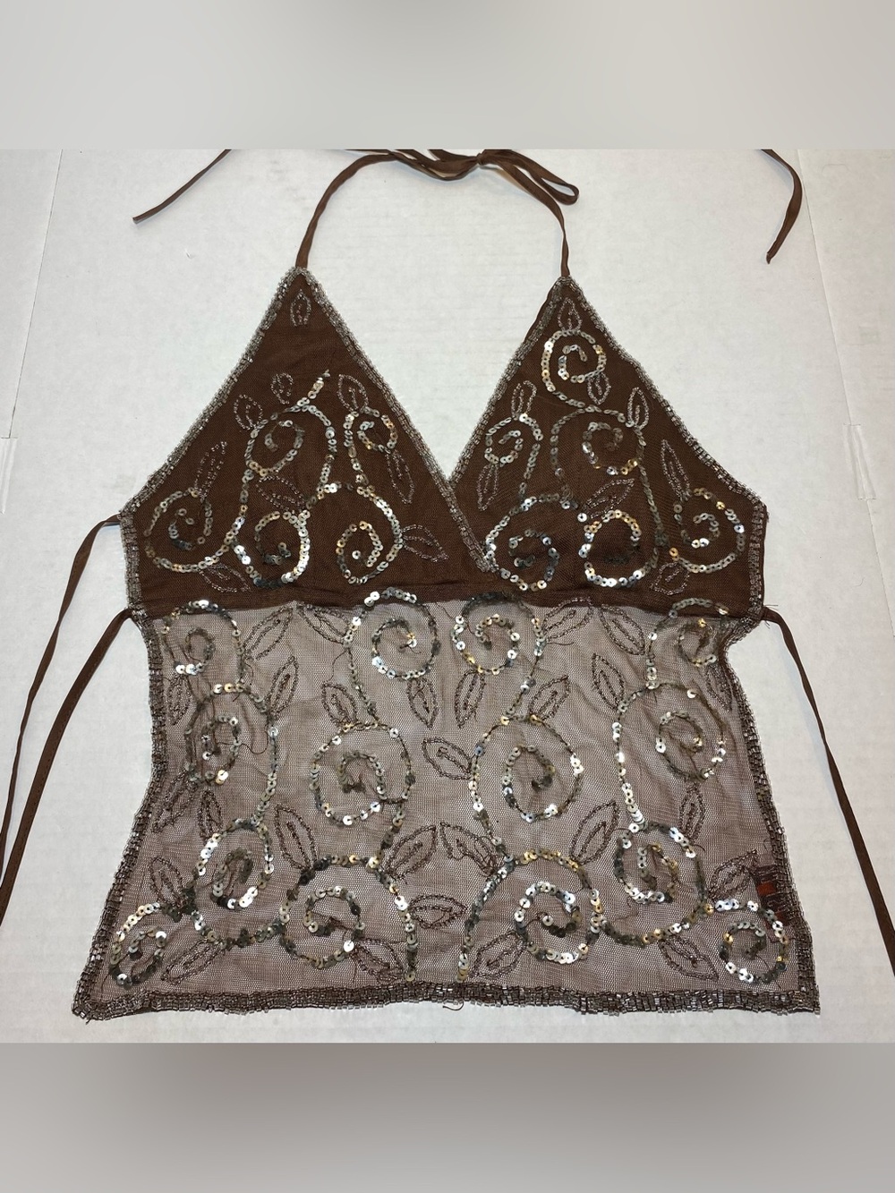 Vintage Lipstick Halter Top Y2K Backless Sequin Beaded Sheer Mesh Fairycore Boho